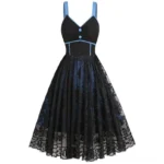 Black and blue vintage steampunk midi dress with lace overlay front view - featuring sweetheart neckline and A-line silhouette