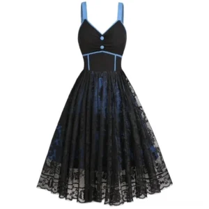 Black and blue vintage steampunk midi dress with lace overlay front view - featuring sweetheart neckline and A-line silhouette