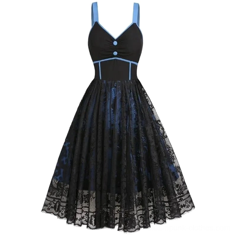 Black and blue vintage steampunk midi dress with lace overlay front view - featuring sweetheart neckline and A-line silhouette