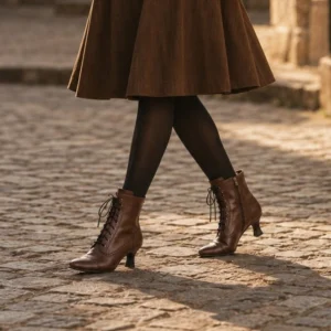 Women wearing steampunk lace-up boots with vintage styling on cobblestone street - side profile outdoor shot showing authentic wear
