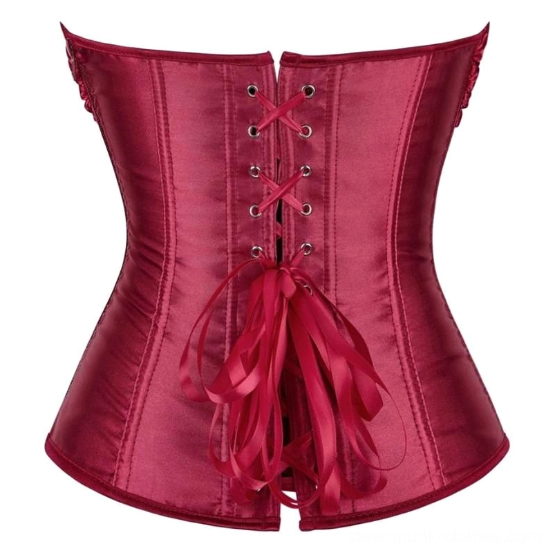 Steampunk lace-up corset back view metal eyelets ribbon closure burgundy satin construction