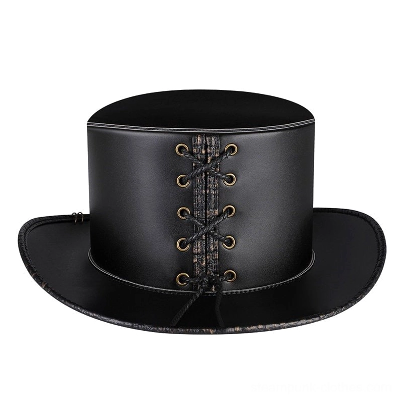 Black leather steampunk hat with lace-up design and brass metal eyelets, frontal close-up view