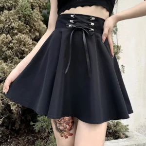 Black lace-up steampunk corset mini skirt front view with metal eyelets and A-line silhouette