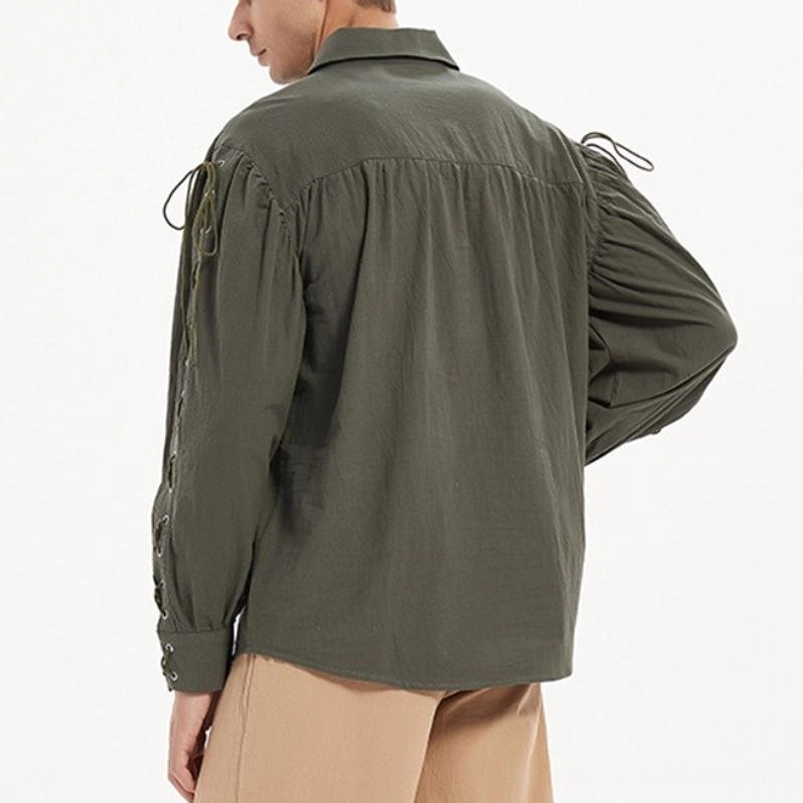 Back view of steampunk shirt showing gathered back yoke, sleeve lace trims, and structured tailoring detail