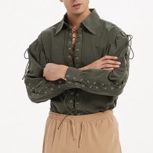 Men's army green steampunk lace-up shirt with lace trims on shoulders and cuffs, front three-quarter view on male model