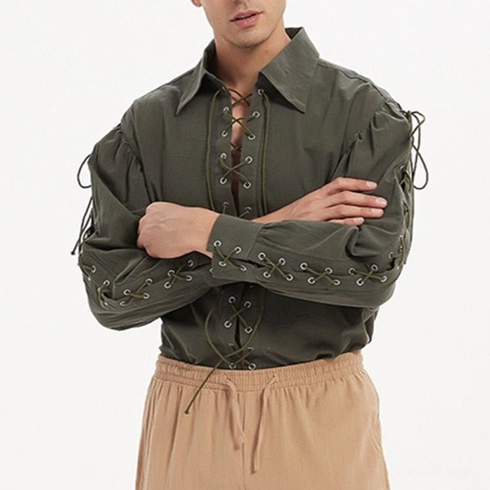 Men's army green steampunk lace-up shirt with lace trims on shoulders and cuffs, front three-quarter view on male model