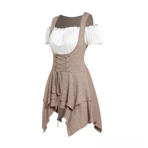 Steampunk two-piece blouse three-quarter view showing off-shoulder ruffled sleeve and asymmetric layered skirt detail