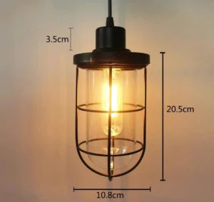 Steampunk pendant lamp front view with dimensions displayed, showing 10.8cm width and 20.5cm total height, black metal hardware and clear glass shade against neutral studio background