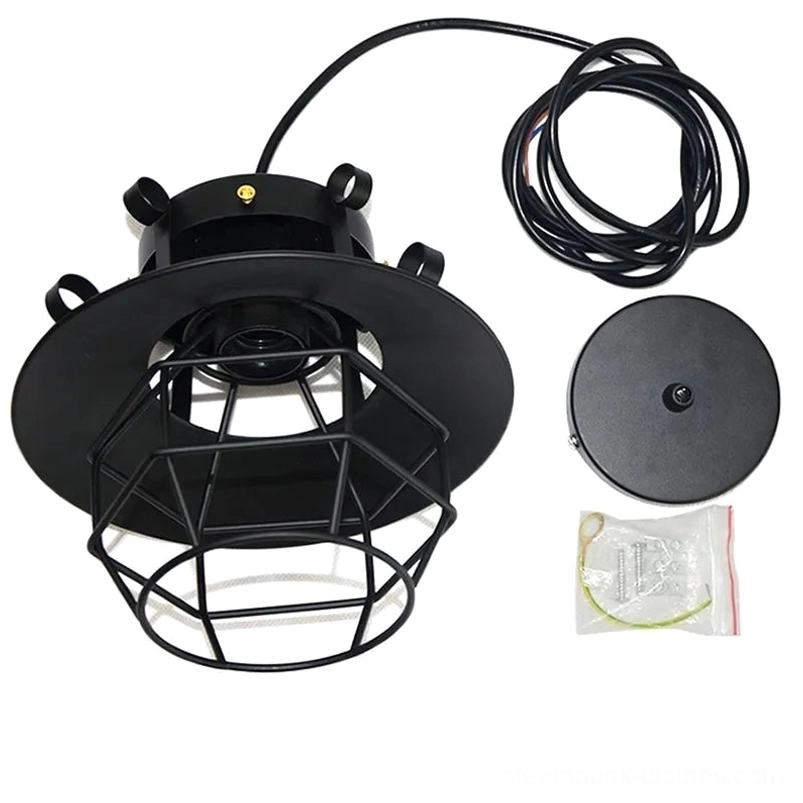Complete steampunk pendant light installation kit components laid flat, showing ceiling mount plate, adjustable cord, lamp holder, and decorative metal shade