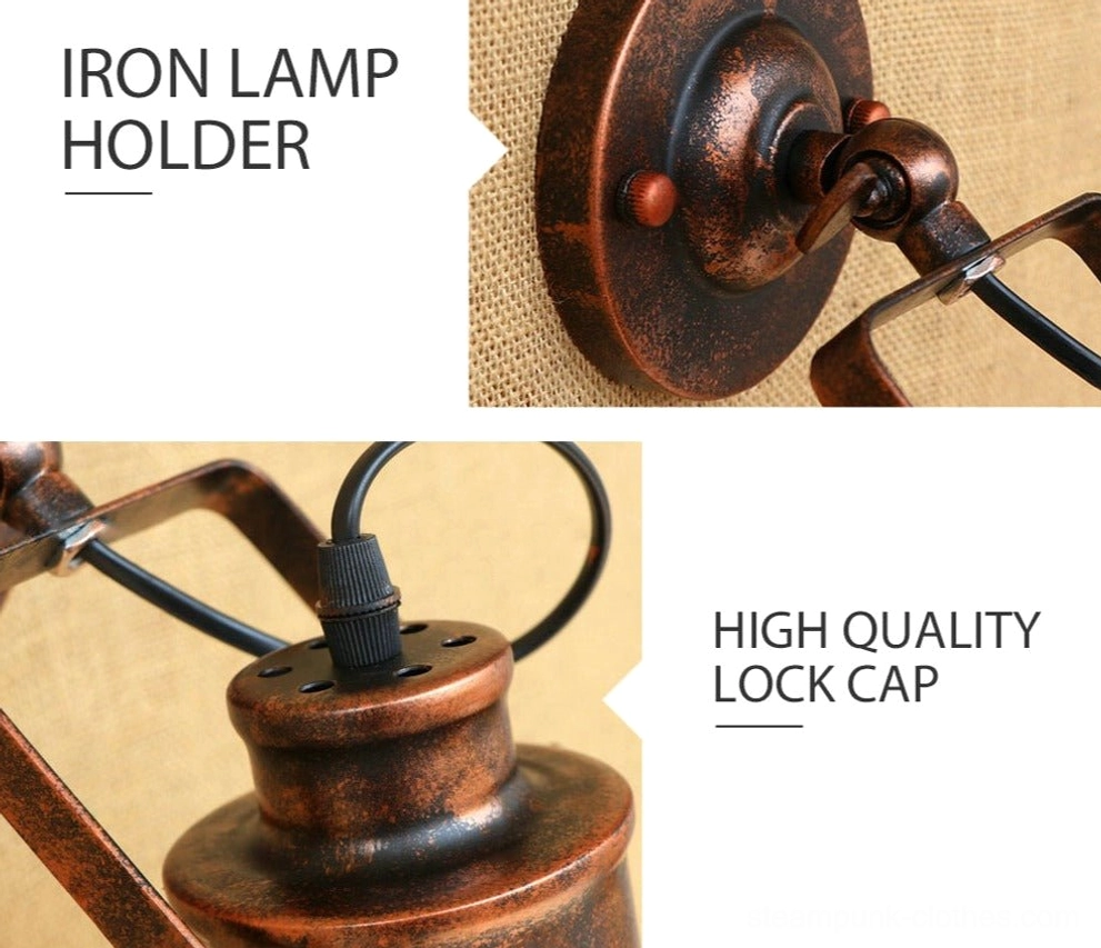 Steampunk lamp shade with distressed bronze iron finish, front close-up revealing golden inner light cavity for warm ambient glow
