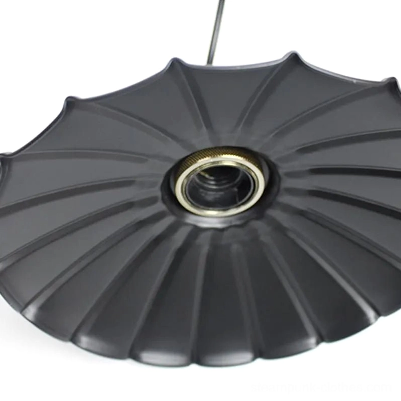 Top-down close-up of ribbed matte black metal steampunk lamp shade with central bronze-toned Edison bulb socket detail