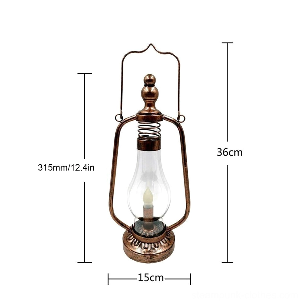 Steampunk portable lantern with dimensions 36cm height and 15cm width, bronze retro finish front view