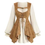 Steampunk layered blouse front view with lace-up corset front and asymmetric hem design in cream and brown