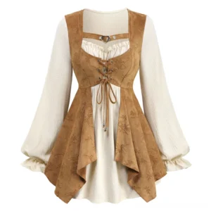 Steampunk layered blouse front view with lace-up corset front and asymmetric hem design in cream and brown