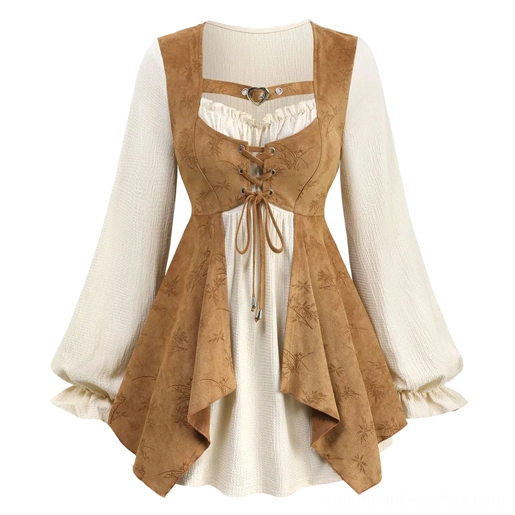 Steampunk layered blouse front view with lace-up corset front and asymmetric hem design in cream and brown