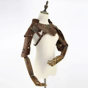 Three-quarter left perspective of steampunk leather armor showing adjustable cross-back straps, brass rivet construction on shoulders, and interlocking harness design for weight distribution