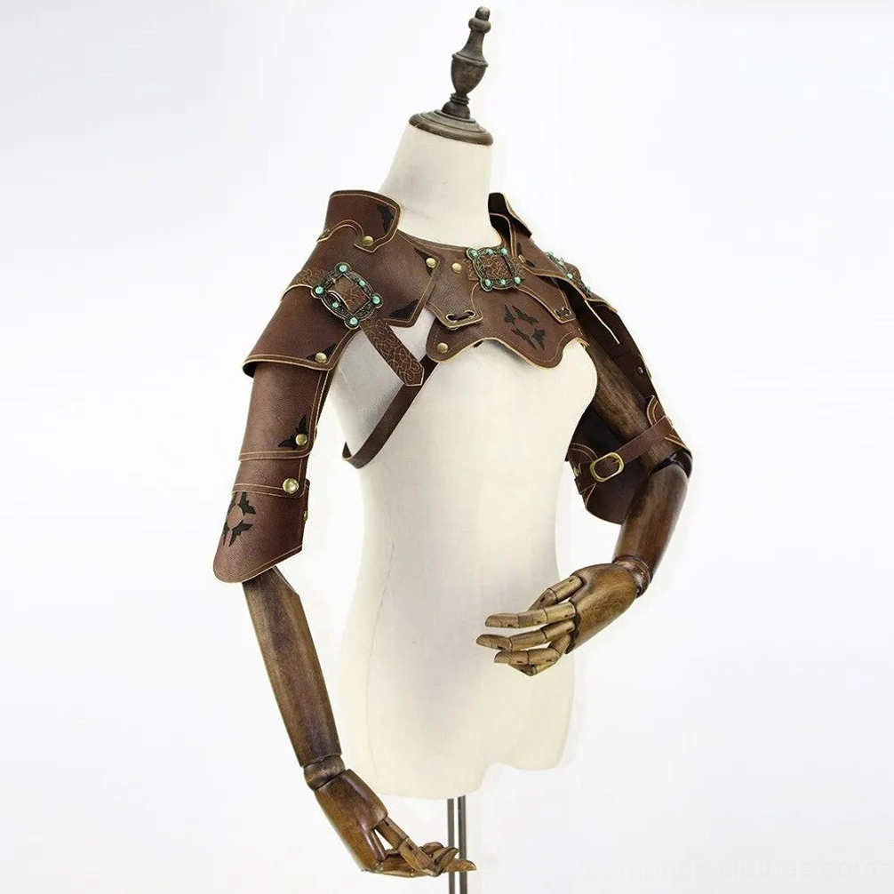 Three-quarter left perspective of steampunk leather armor showing adjustable cross-back straps, brass rivet construction on shoulders, and interlocking harness design for weight distribution