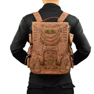 Steampunk backpack back view featuring distressed brown PU leather, padded adjustable straps, metal rivets, and structured construction worn by male model