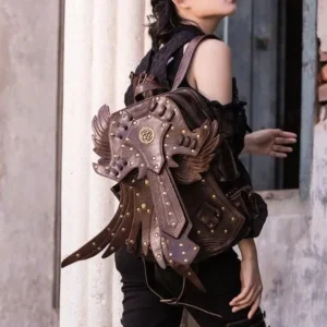 Steampunk vintage leather backpack with prominent winged armor emblem and brass rivets, worn by female model in off-shoulder top at historic architectural location, showcasing rear profile design