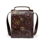 Steampunk leather crossbody bag front view showcasing authentic brass vintage gear decorations, pebbled dark brown leather texture, and mechanical twist lock closure