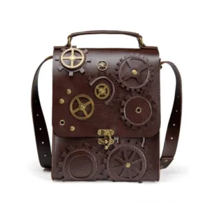 Steampunk leather crossbody bag front view showcasing authentic brass vintage gear decorations, pebbled dark brown leather texture, and mechanical twist lock closure