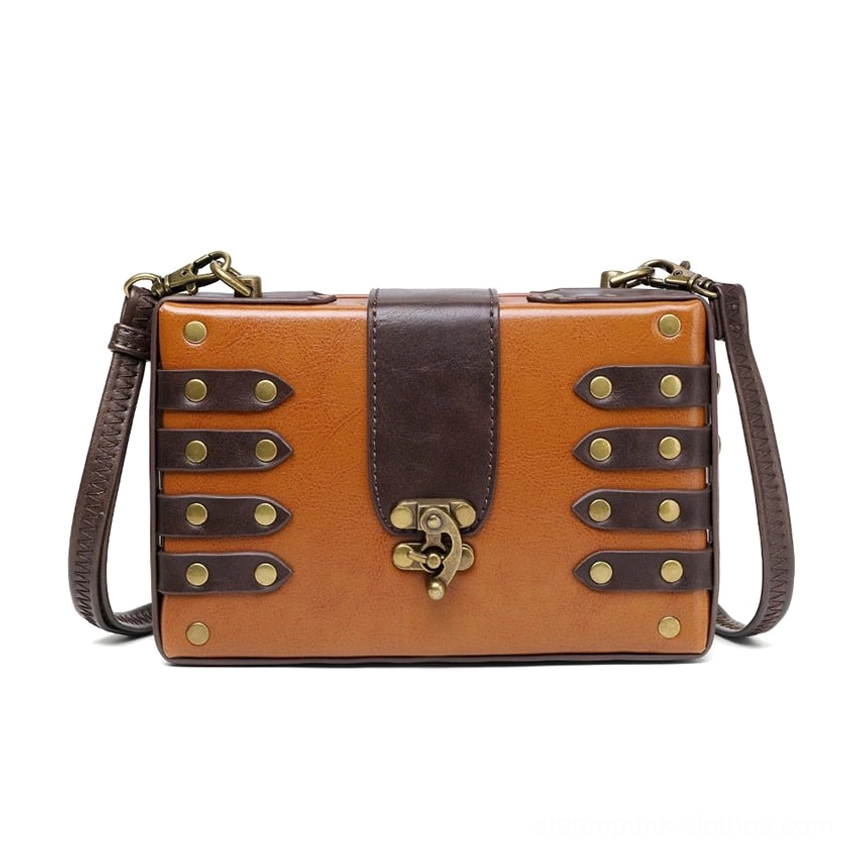 Antique brass rivet steampunk leather crossbody bag front view featuring two-tone brown vegan leather with vintage toggle clasp closure and industrial aesthetic design
