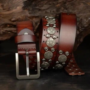 Front detailed view of steampunk leather belt showcasing rich patina genuine cowskin, rectangular engraved metal buckle with Victorian-inspired engineering design, and precision-placed embellishments
