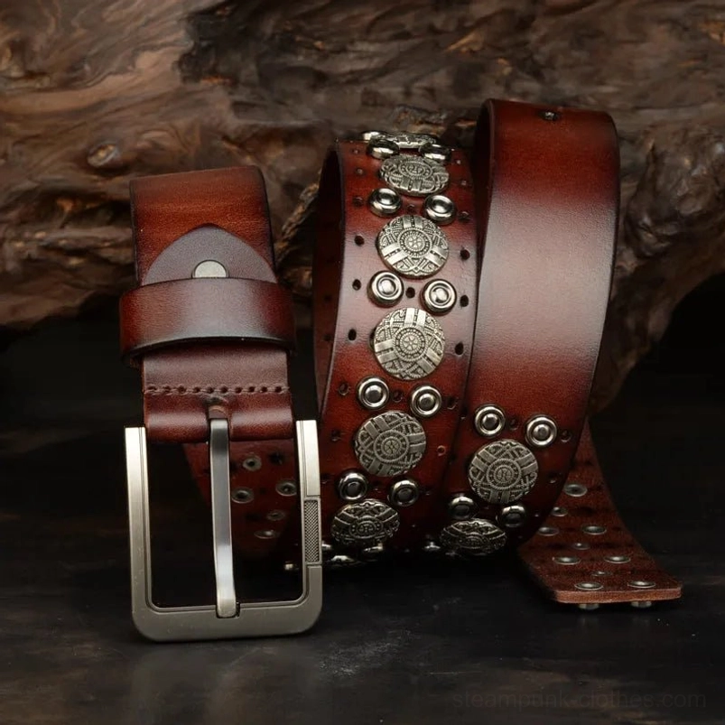 Front detailed view of steampunk leather belt showcasing rich patina genuine cowskin, rectangular engraved metal buckle with Victorian-inspired engineering design, and precision-placed embellishments