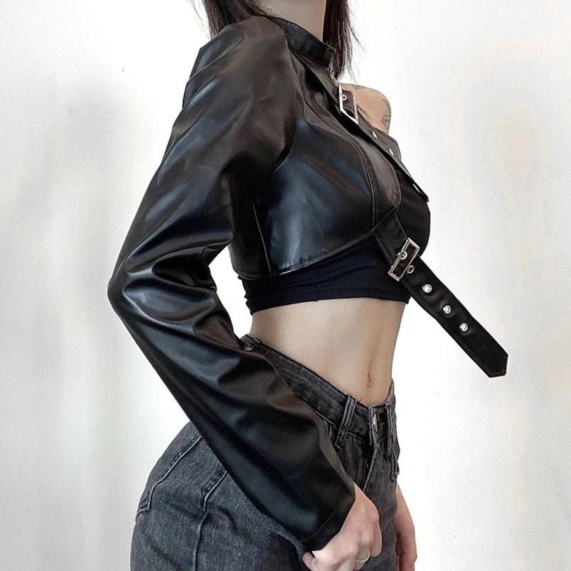 Black faux leather steampunk jacket with detachable buckle strap system, right-side profile view highlighting asymmetrical design and leather texture