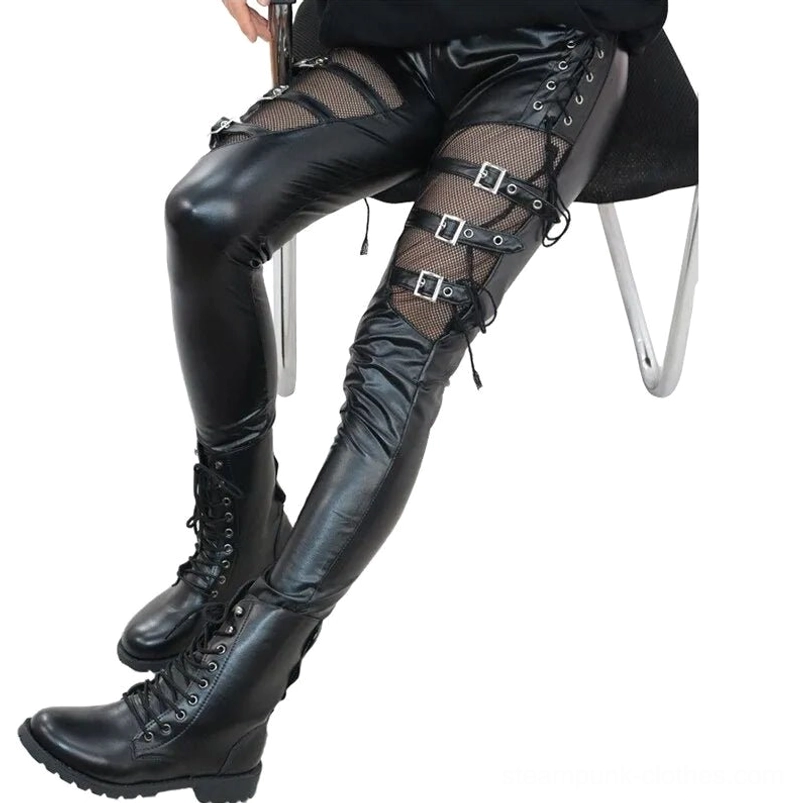 Black faux leather steampunk pants with fishnet cutouts side view on model wearing combat boots sitting on metal chair
