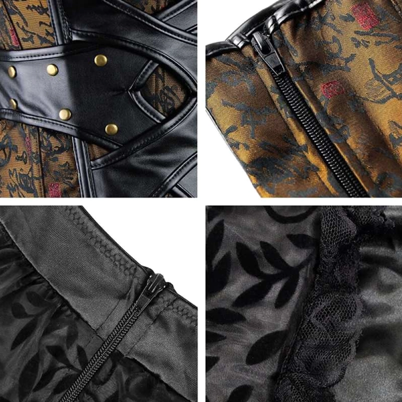 Steampunk leather dress detail showing PU leather star-shaped strap with brass rivets on black jacquard corset fabric