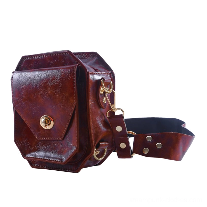Steampunk leather thigh bag product closeup showing glossy dark brown premium leather finish, metal D-rings hardware, and mechanical twist-lock closure mechanism
