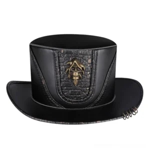 Black leather steampunk top hat with bronze skull emblem and croc-textured panel, frontal studio view