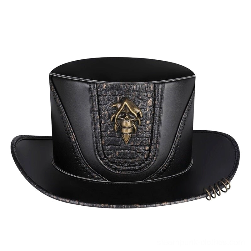 Black leather steampunk top hat with bronze skull emblem and croc-textured panel, frontal studio view