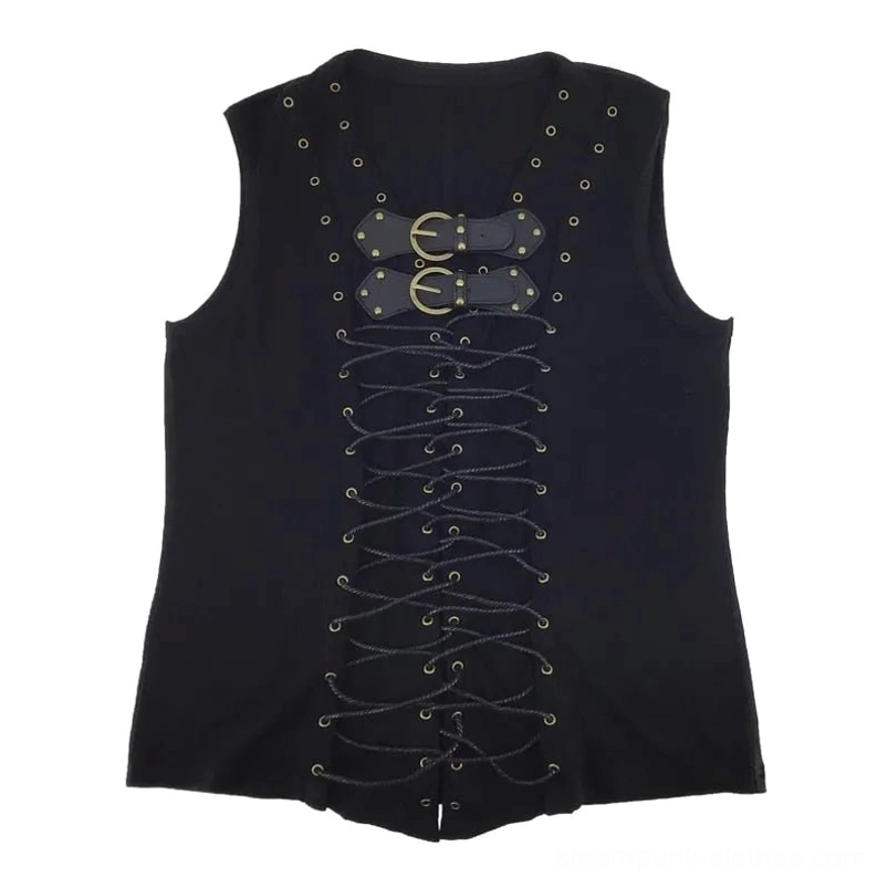 Full front view of black steampunk lace-up vest with matching bronze buckle and rivet design