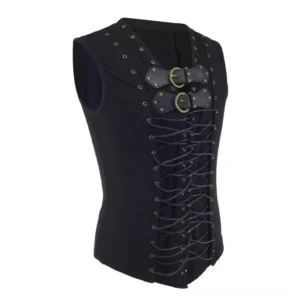 Steampunk corset waistcoat with twisted lace-up front and bronze hardware, three-quarter angle view