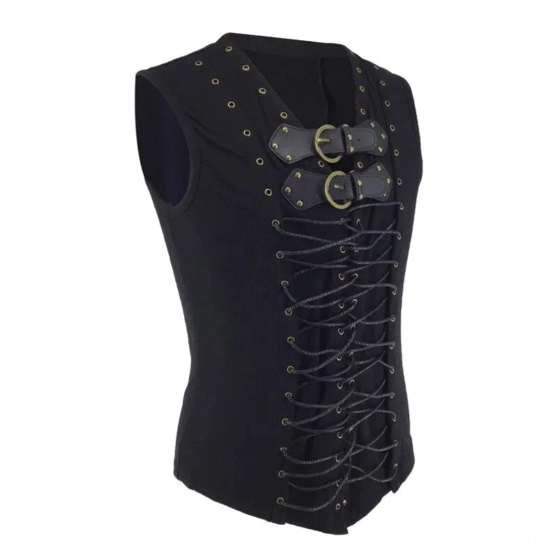 Steampunk corset waistcoat with twisted lace-up front and bronze hardware, three-quarter angle view
