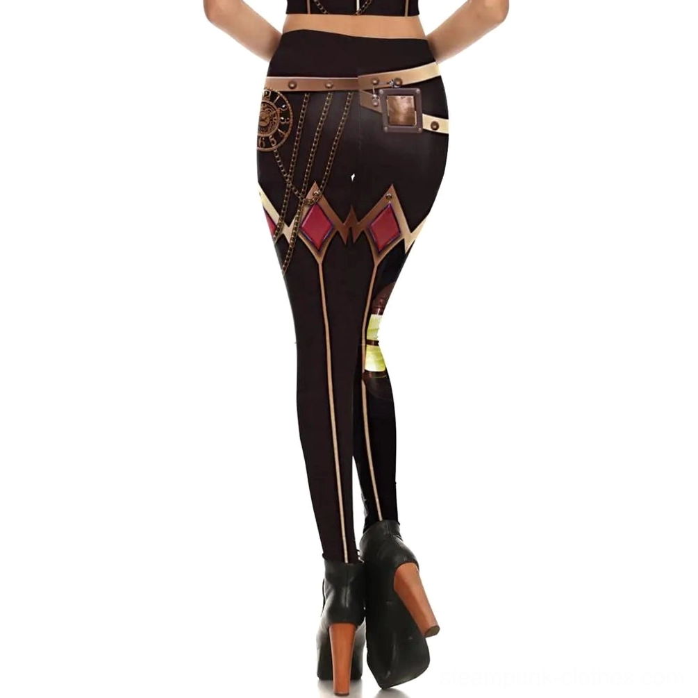 Back three-quarter view of women's black steampunk leggings highlighting faux belt pouch, brass chain motifs, and purple rhombus details from rear angle