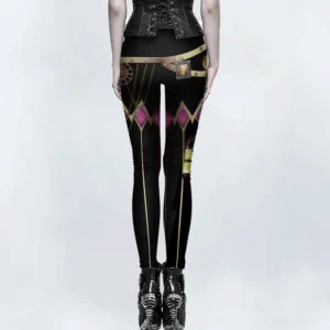 Black steampunk trousers rear view featuring faux belt pouch detail, brass mechanical chain prints, and purple accents against neutral studio background