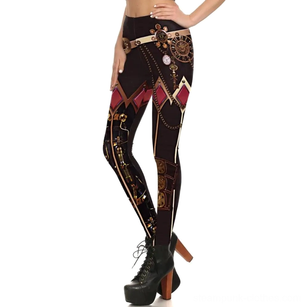 Side profile view of black steampunk leggings demonstrating fit, brass gear prints, faux waist belt construction, and rhombus pattern details on female model