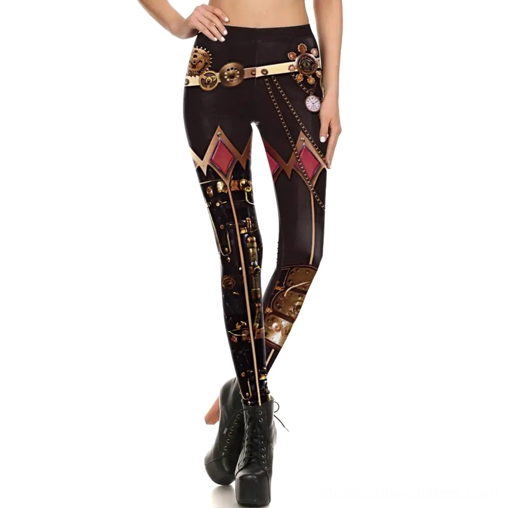 Women wearing black steampunk leggings three-quarter front angle showing waist belt detail, mechanical gear prints, and purple geometric pattern accents on lower body