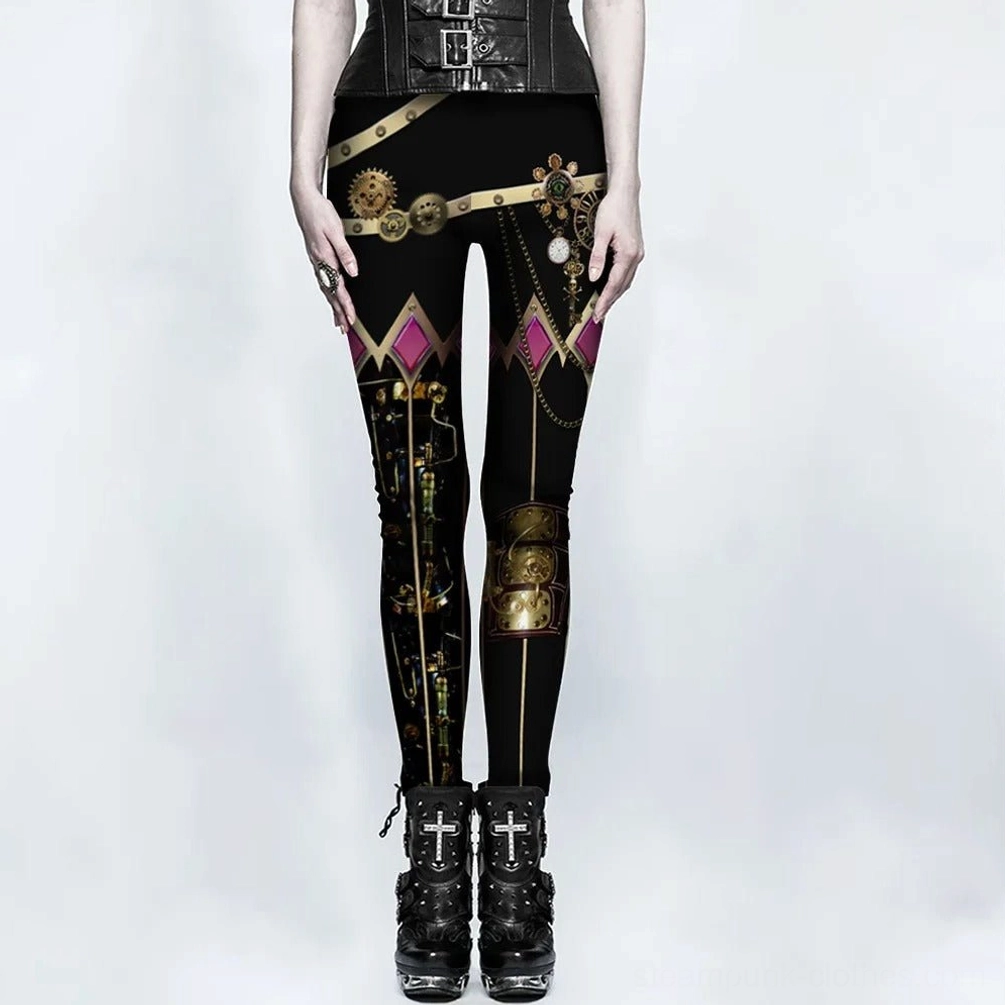 Women's black steampunk leggings with brass gear and chain prints, front full view showing mid-rise waistband and purple rhombus accent pattern on studio background