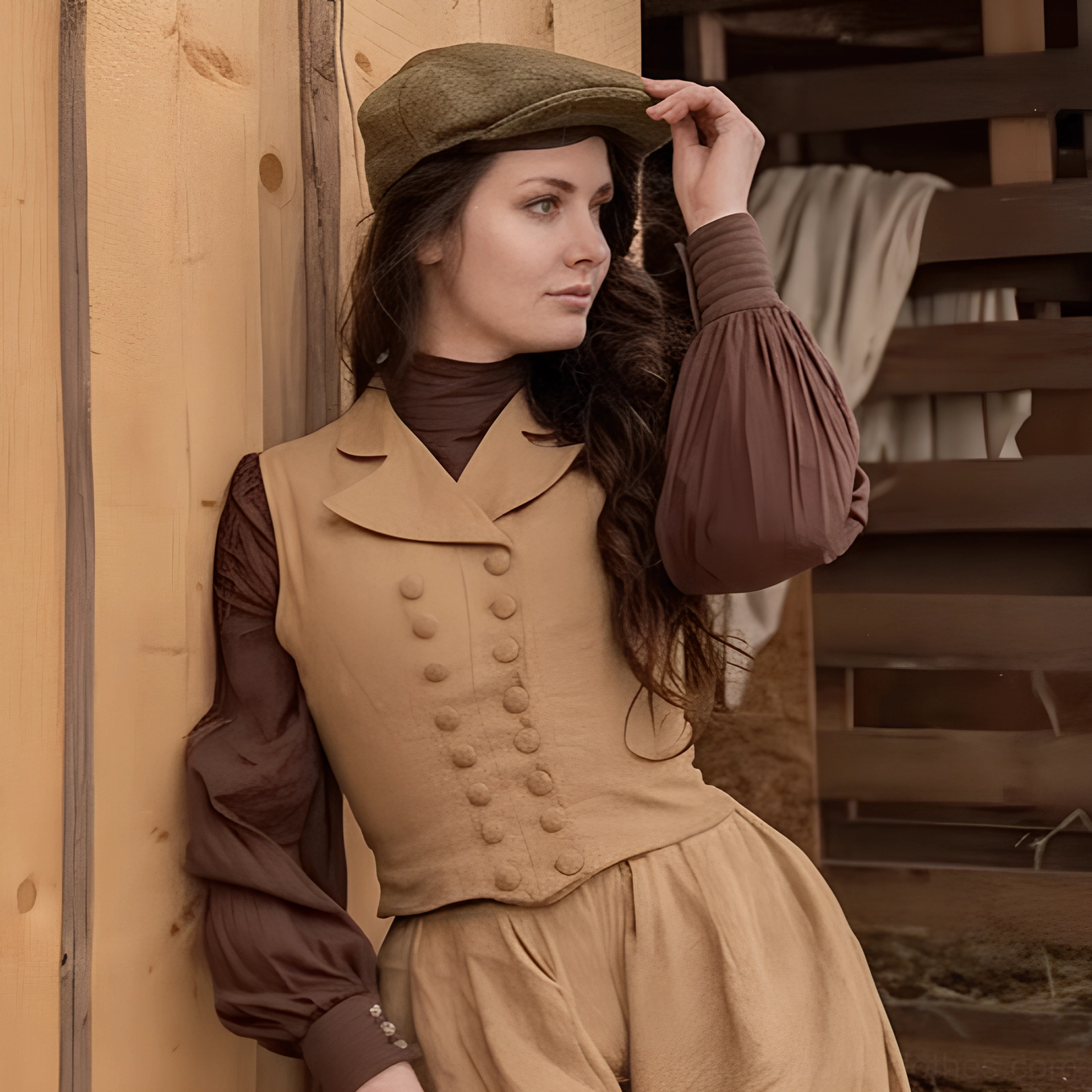 Light tan khaki steampunk women's waistcoat paired with puff sleeve blouse and newsboy cap, three-quarter body view showing tailored double-breasted design and architectural silhouette