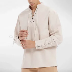 Men's beige steampunk shirt featuring lace-up cuffs and stand collar detail, casual linen-cotton blend, front pose