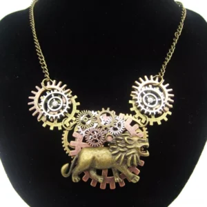 Steampunk lion necklace with aged bronze gears - front view on black velvet bust display showing detailed pendant with 3D lion motif surrounded by mechanical cogs
