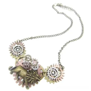 Steampunk mini lion necklace lay flat overhead shot - gunmetal chain with compact gear-lion charm pendant detail on white background