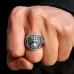 Steampunk silver lion signet ring for men worn on finger - antique sterling silver finish with embossed lion head design