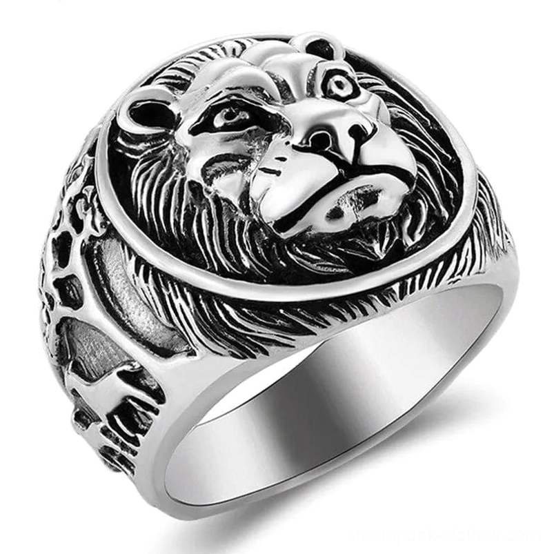 Steampunk silver lion signet ring front view - polished sterling silver band with embossed lion head and animal-themed details