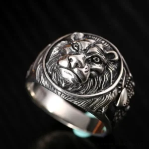 Steampunk lion ring side profile detail - carved mane and decorative side patterns on vintage silver signet ring