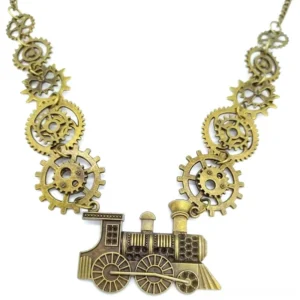 Antique bronze steampunk train necklace flat lay featuring hollow gear accents, detailed steam locomotive pendant, and symmetrical chain links against white background